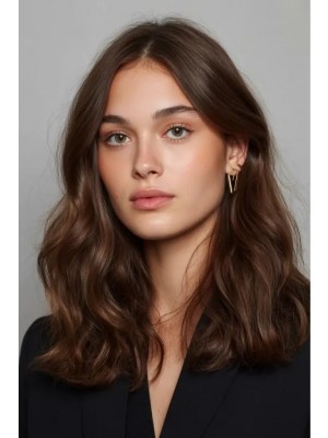 Echthaar Perücke Damen – Maschinengefertigt, Mittellang & Leicht Gewellt, Mittelscheitel, Natürliches Volumen, Braun, Weich & Realistisch für Alltag & Eleganten Look