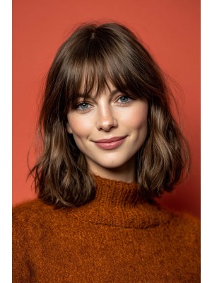 Echthaar Perücke Schulterlanger Bob mit Pony – Maschinengefertigt, Mittelbraun mit Natürlichem Glanz, Leicht Gewellt & Stufig, Weich, Atmungsaktiv und Alltagstauglich für Damen