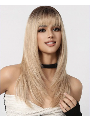 Realistische Front Lace Echthaar Perücke Blond – Lang Glatt mit Pony, Weich & Seidig, Natürliche Haarlinie