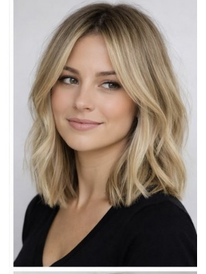 Front Lace Echthaarperücke Damen 100% Remy Echthaar – Long Bob Blond Balayage, Schulterlang, Natürlich Gewellt, Mittelscheitel, Unsichtbarer Haaransatz