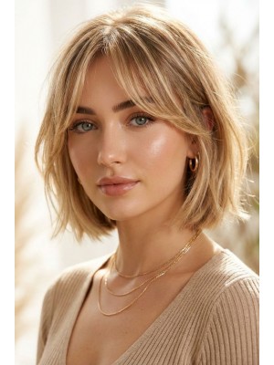 Lace Front Echthaarperücke French Bob mit Curtain Bangs – Blonde Damenperücke aus 100 % Echthaar Natürlich Gestuft