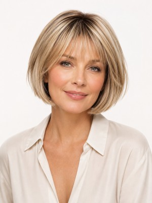 10 Zoll Beige-Blonde Bob Echthaarperücke für Damen mit Pony – Maschinell Gefertigt