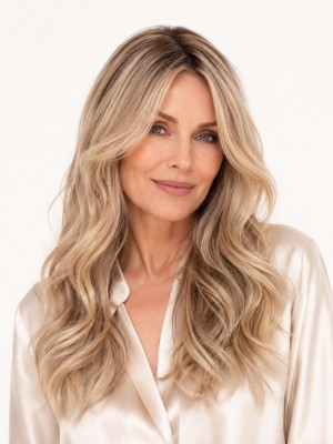 18 Zoll Champagner-Beigeblonde Echthaarperücke für Damen mit Lace Front und weichen Wellen