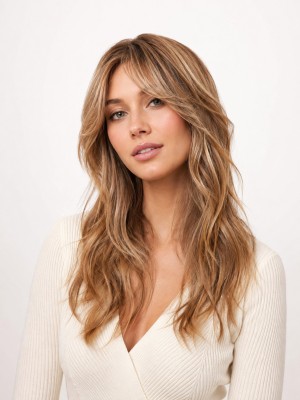 18 Zoll Honig-Karamellblonde Echthaarperücke für Damen mit Lace Front und weichen Wellen