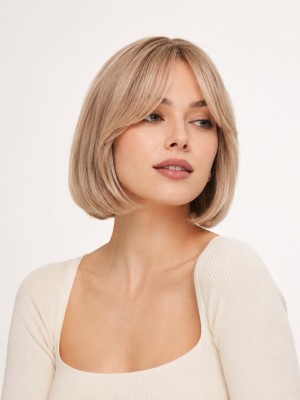 10 Zoll Champagner-Beigeblonde Bob Echthaarperücke für Damen mit Curtain Bangs – Maschinell Gefertigt