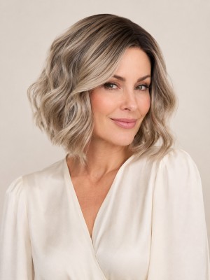 12 Zoll Braun-Blonde Lob Echthaarperücke mit Lace Front und Beige-Blonden Highlights