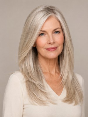 16 Zoll Perl-Silbergraue Gestufte Bob-Lob Echthaarperücke für Damen mit Lace Front