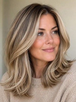 Beige-Aschblonde Gestufte Lob Echthaarperücke für Damen mit dunklerem Ansatz – Maschinell Gefertigt