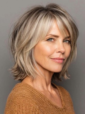 Blonde Bob Echthaarperücke Damen Lace Front Dunkler Ansatz Seitenpony