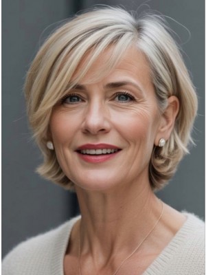 Perl-Silberblonde Gestufte Bob Echthaarperücke für Damen mit Seitenpony und Lace Front