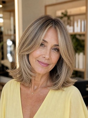 Beige-Blonde Gestufte Lob Echthaarperücke für Damen mit Aschbraunem Ansatz und Highlights – Maschinell Gefertigt