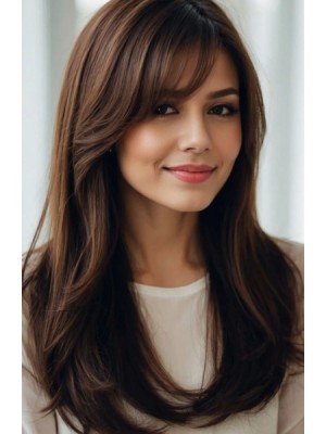 Vollspitze Echthaarperücke in Schokobraun – Lange Glatte Damenperücke mit Pony & Seitenscheite