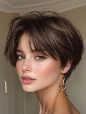 Kurzhaar Perücke aus Echthaar – Modische Mechanische Kappenlos Perücke mit Pony, Braun