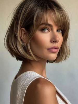 Kurzer Bob Lace Front Echthaar Perücke – Natur Braunblond mit Pony