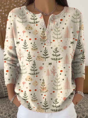 Strickjacke mit Knöpfen und Weihnachtsbaum-Kunstdruck für Damen