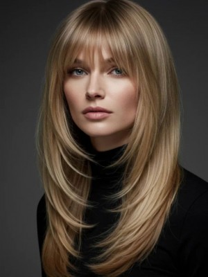 Echthaar Perücke maschinell gefertigt – Blond, glattes Langhaar mit Pony für Damen