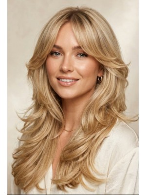 18 Zoll Honigblonde Gestufte Langhaar Echthaarperücke für Damen mit Curtain Bangs, Champagnerblonden Highlights und Lace Front