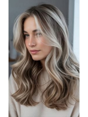 18 Zoll Aschbraune Gestufte Langhaar Echthaarperücke für Damen mit Platin-Beigeblonden Face-Framing Highlights und Lace Front