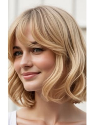 12 Zoll Honig-Beigeblonde Gestufte Bob-Lob Echthaarperücke für Damen mit Curtain Bangs und Lace Front