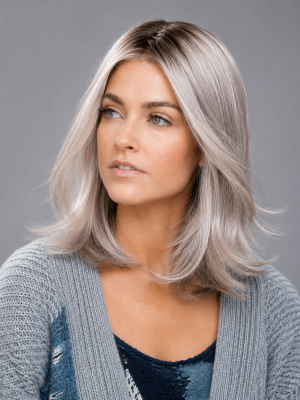 Damen Remy-Echthaarperücke Long Bob 14 Zoll – Silber-Aschblond mit dunklem Ansatz – Lace Front – glatt gestuft
