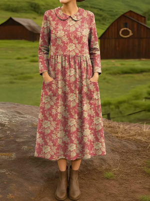 Vintage-Hemdkleid aus Baumwolle mit floralem Muster und Revers für Damen