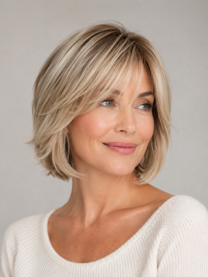 Wowperücken Damen Echthaar-Perücke Bob mit Pony - 10 Zoll (25 cm) Stufenschnitt | Aschblond Highlights