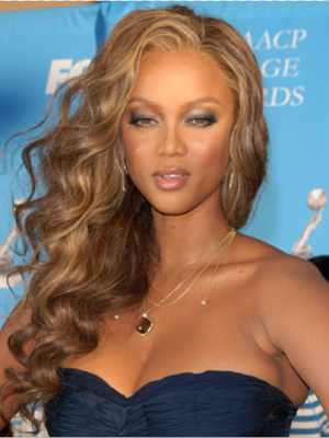 Tyra Banks Glänzende Wellig Spitzefront Echthaar Perücke