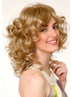 Mittle Lockige Blonde Monofilament Moderne Perücke