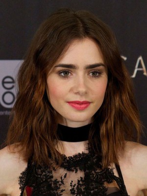 Eindrucksvoll Lily Collins Wellig Spitzefront Echthaar Perücke